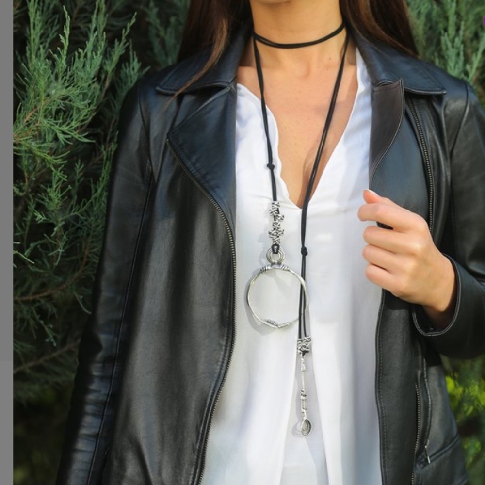 Lariat Double Wrap Leather Black necklace.